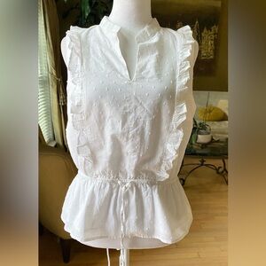 Ann Taylor White Swiss Dot Ruffle Sleeveless Blouse Peplum Waist Tie Front NEW